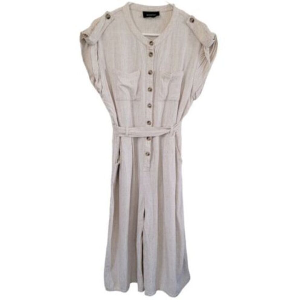 Minkpink Sanford Beige‎ Short Sleeve Button Wide leg Linen Jumpsuit Size Small
